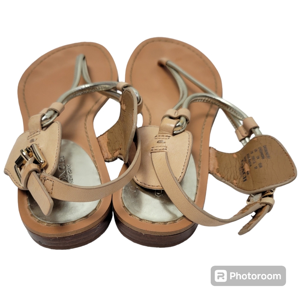 Coach Beige and Metallic Gold Leather T-Strap Sandals - Picture 5 of 16